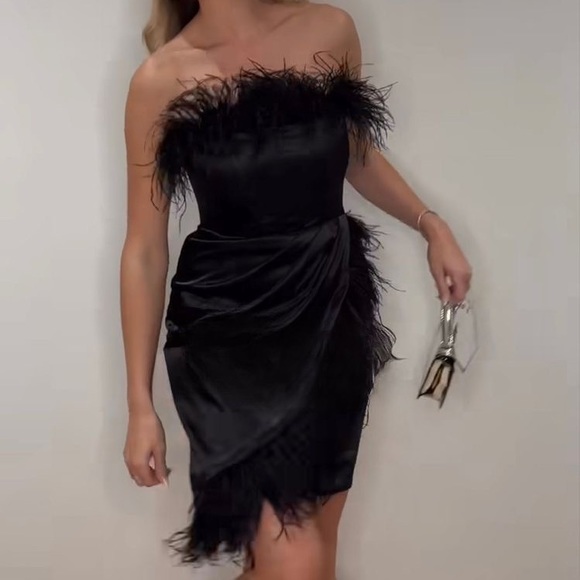 CLUB L LONDON Forever High Black Bandeau Wrap Front Mini Dress with Feather Trim - Picture 2 of 3